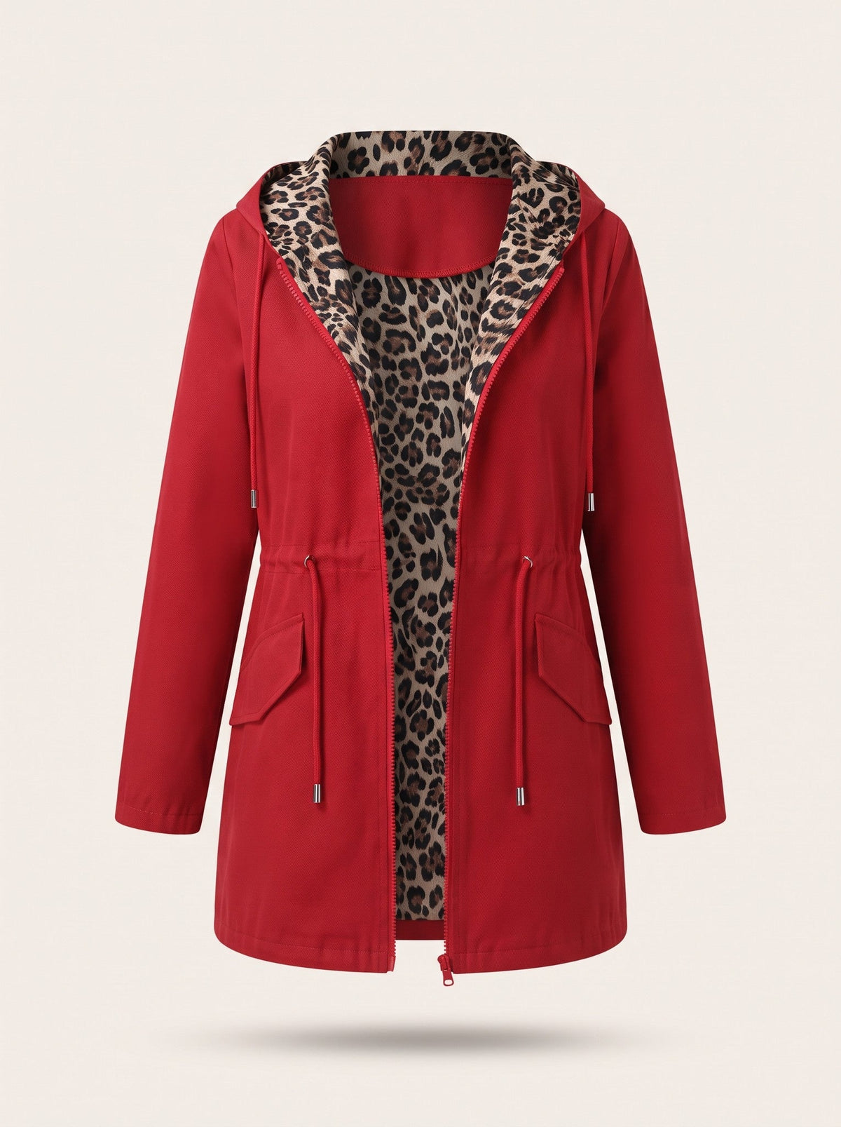 Women's Hooded Jacket with Leopard Print Lining – Red – packshot