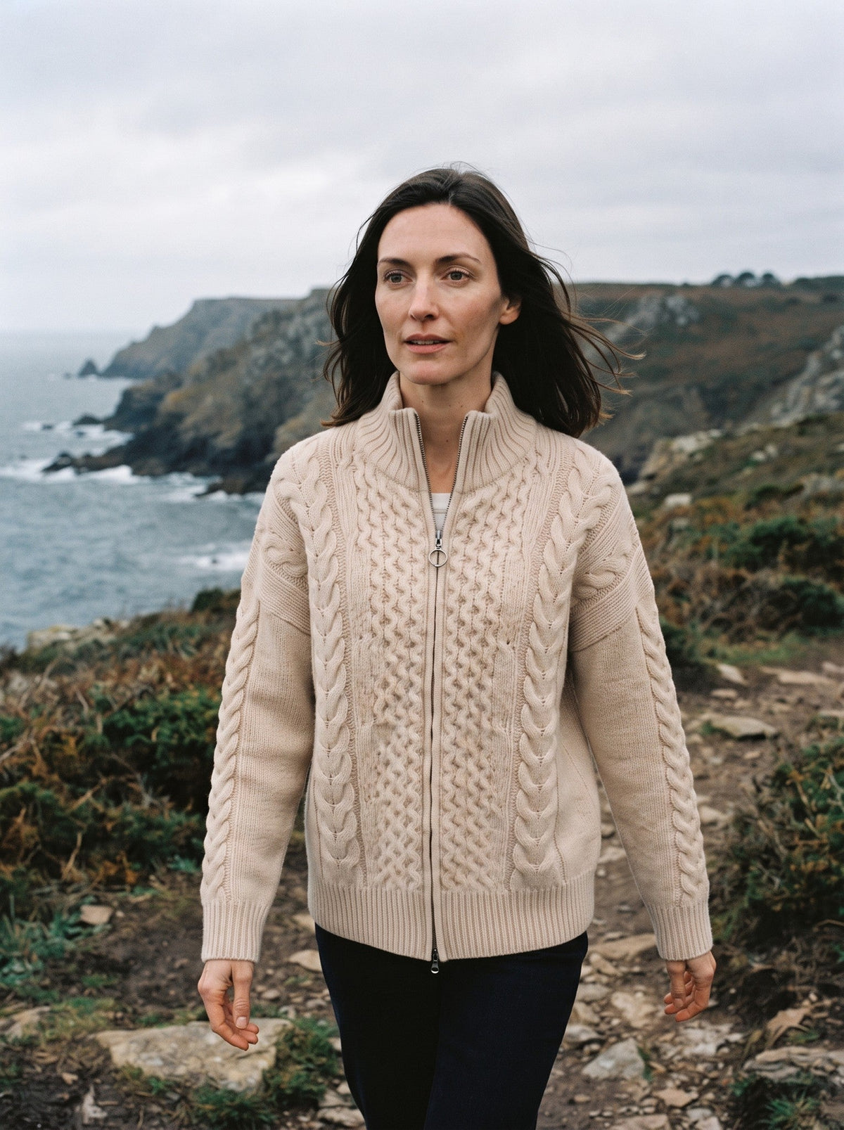 Women's Cable Knit Zip-Up Cardigan – Beige – lifestyle