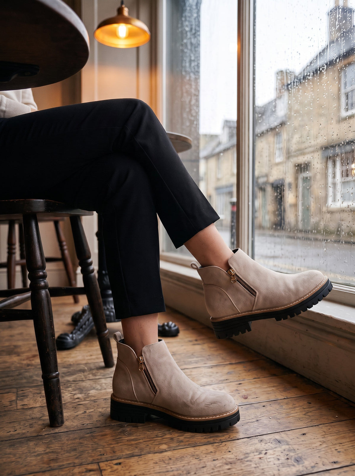 Women's Ankle Boots – Beige – worn in a café
