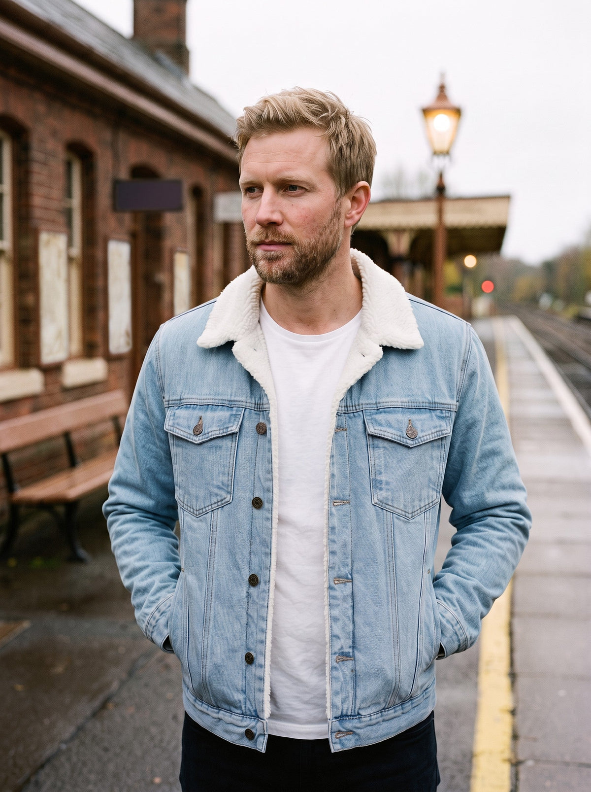 Men's Fleece Lined Denim Jacket – Light Blue – worn on a station platform