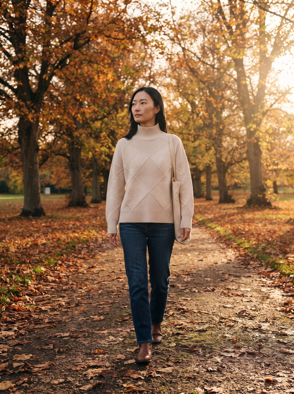 Women's Diamond Knit Turtleneck Jumper – Beige – lifestyle park