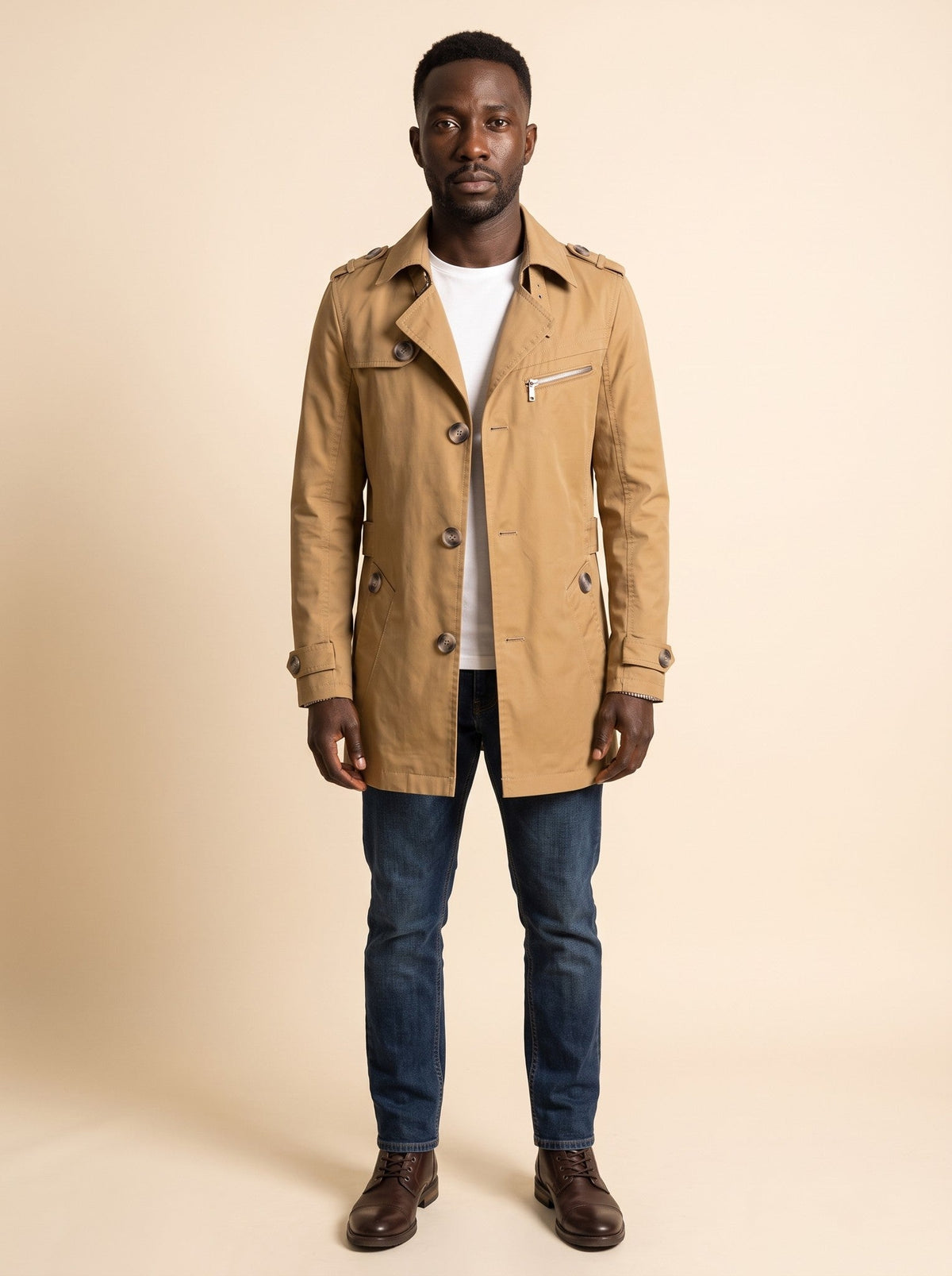 Men's Mid-Length Trench Coat – Khaki – on model