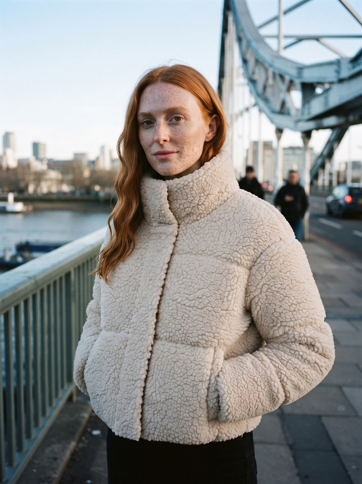 Women's Cropped Teddy Puffer Jacket – Beige – lifestyle