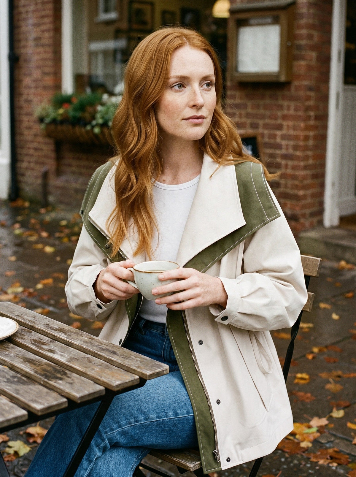 Women's Short Hooded Trench Coat – White – autumn café lifestyle