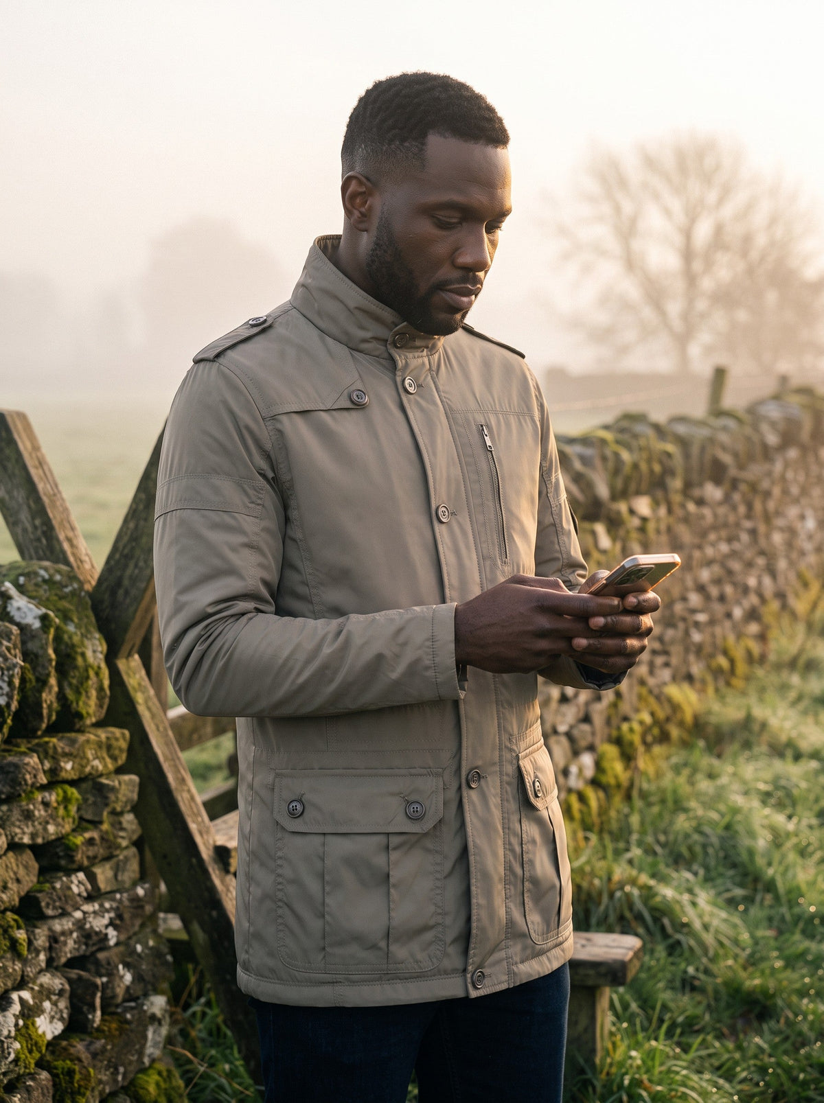 Men's Insulated Winter Coat – Beige – worn on a countryside footpath