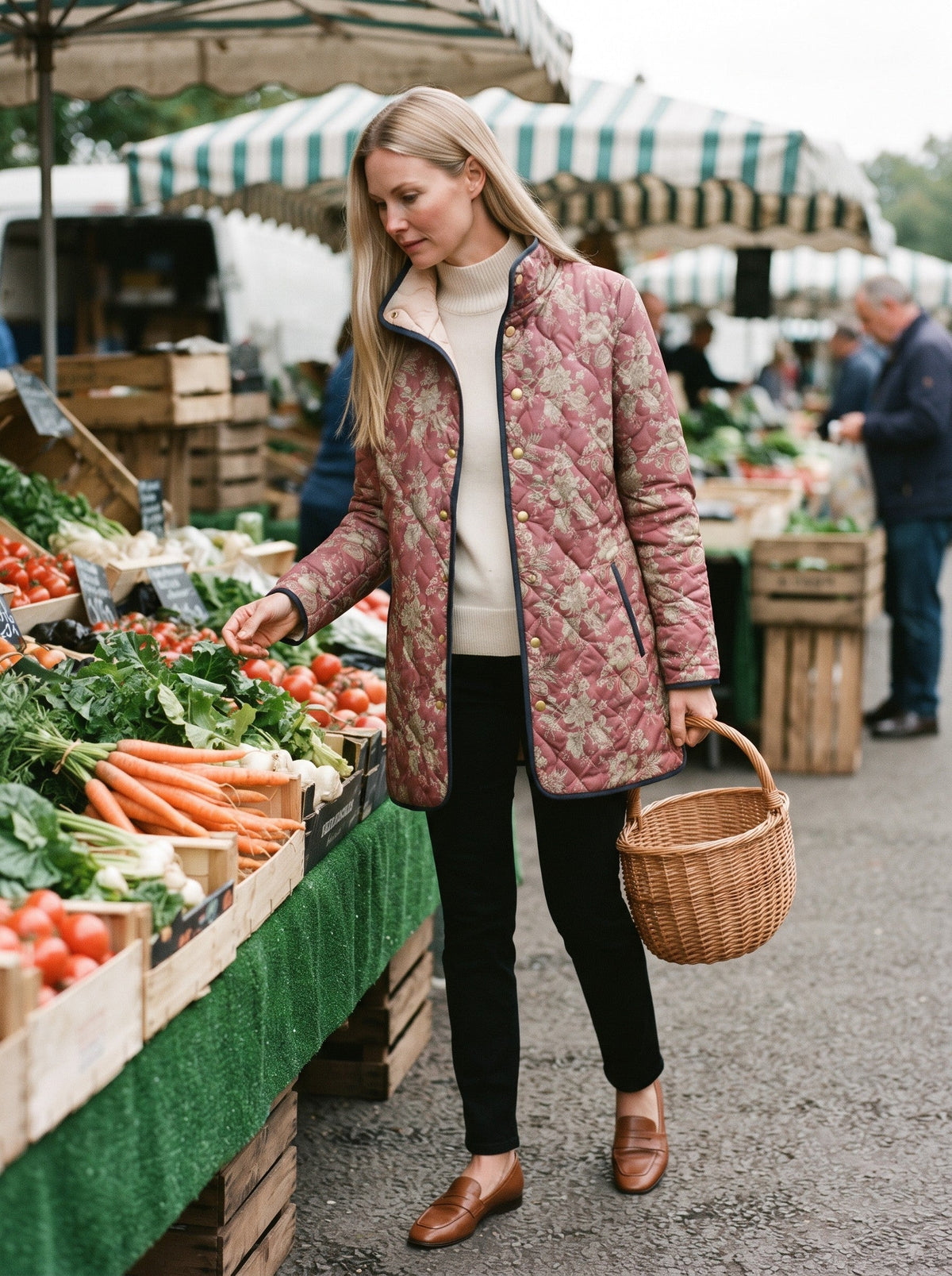 Women's Longline Quilted Jacket – Rose Retro Floral – lifestyle