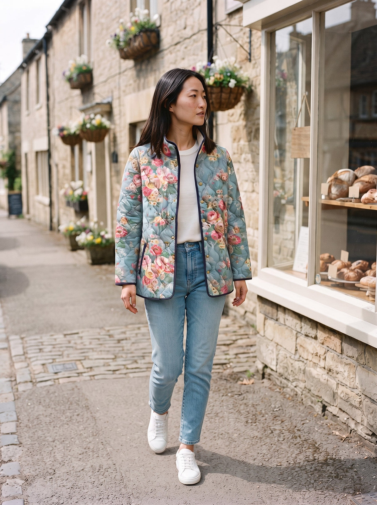 Women's Rose Print Quilted Jacket – Aqua Rose Floral – lifestyle