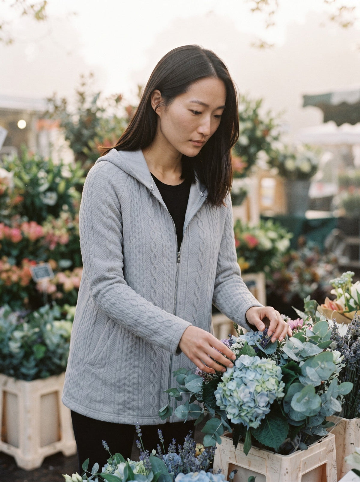 Women's Cable Knit Hooded Jacket – Light Grey – lifestyle