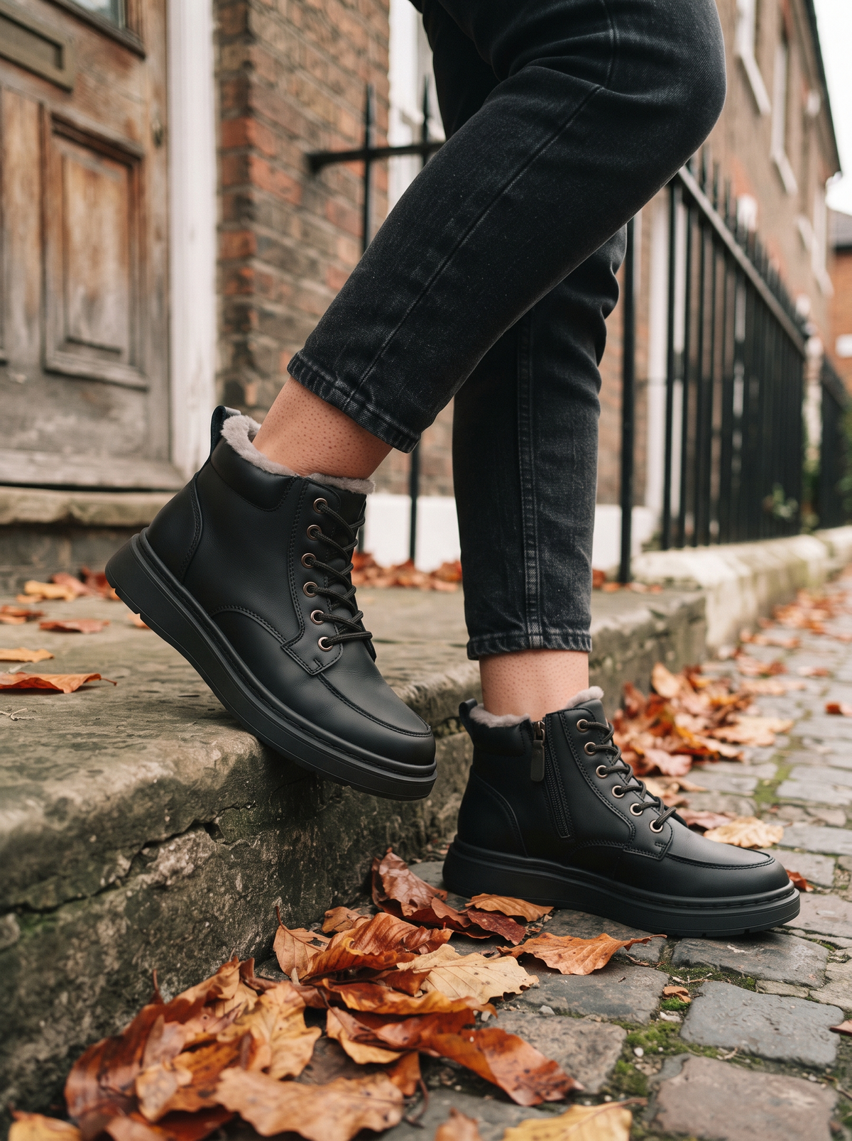 Plush-Lined Lace-Up Ankle Boots – Black – on foot
