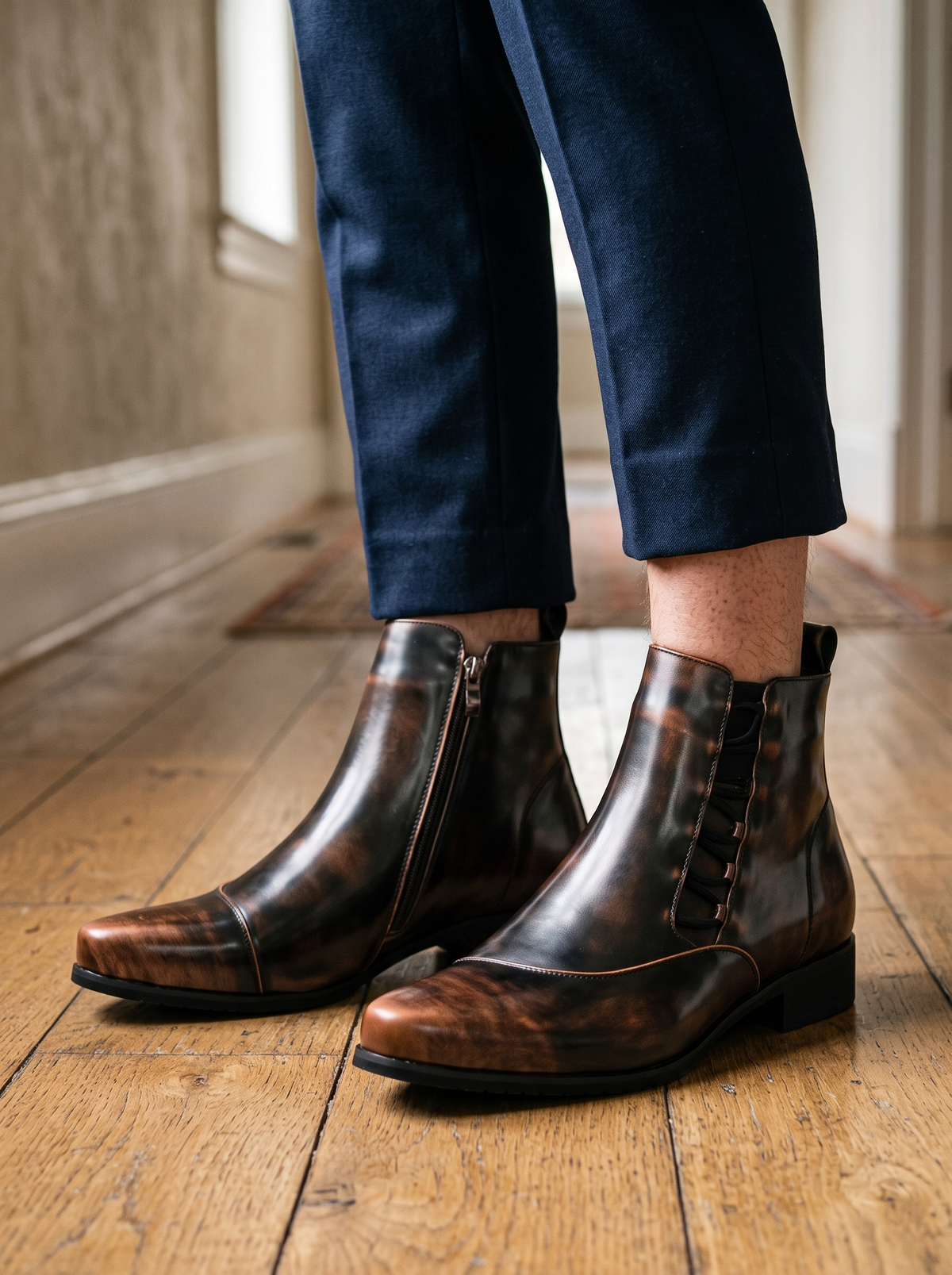 Side-Zip Leather-Look Ankle Boots – Burnished Brown – on foot