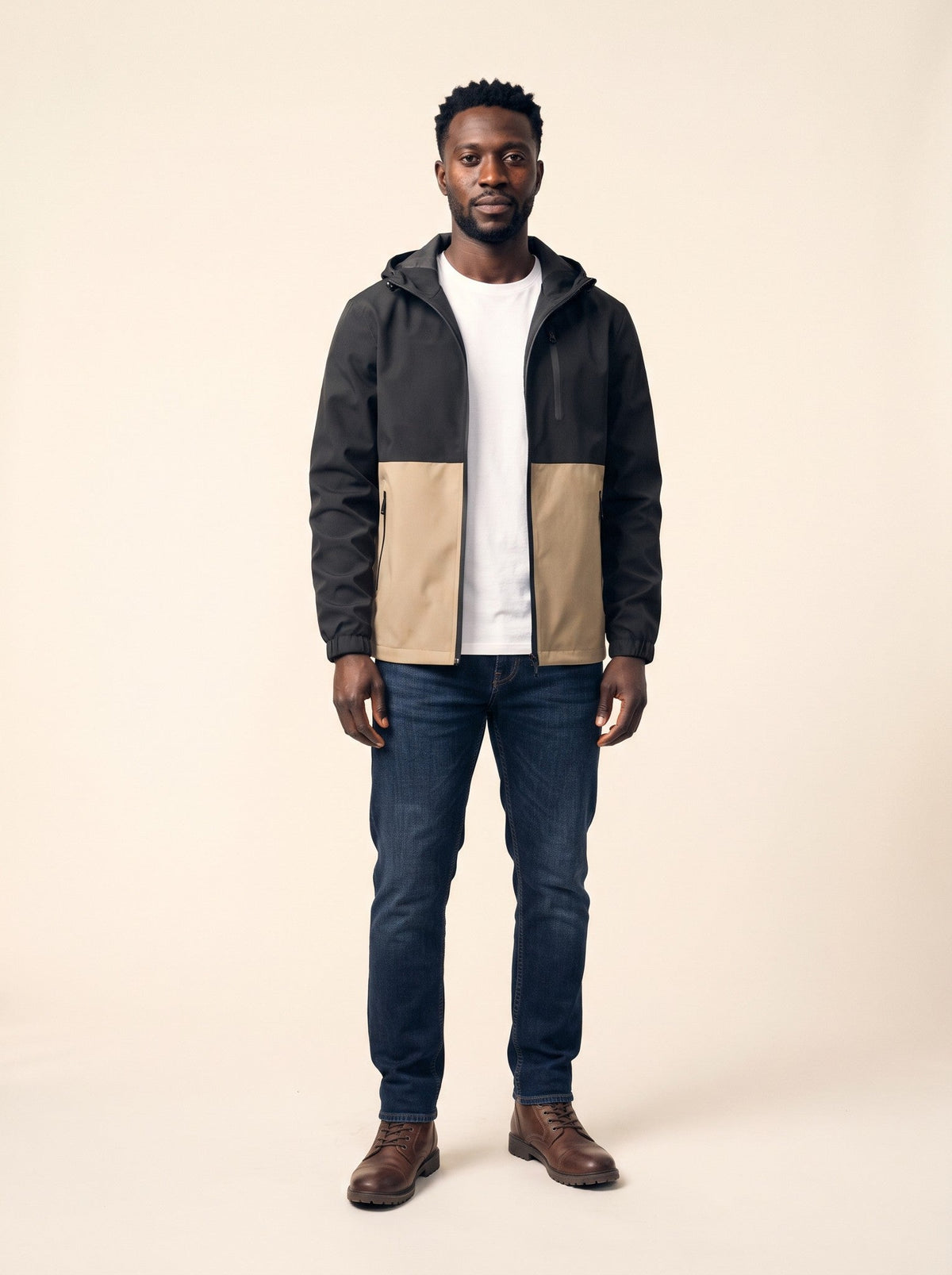 Men's Colour Block Hooded Jacket – Khaki – on model