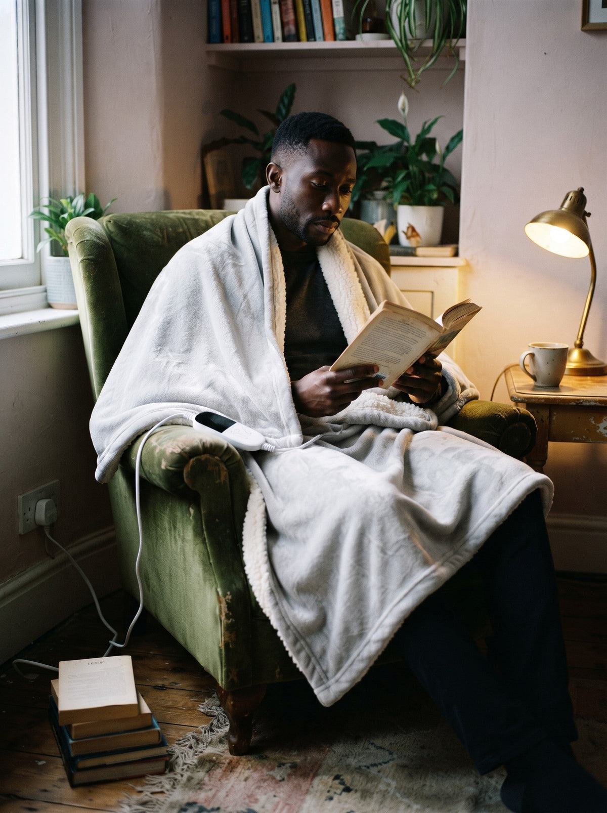 Sherpa Heated Throw Blanket – Light Grey – lifestyle