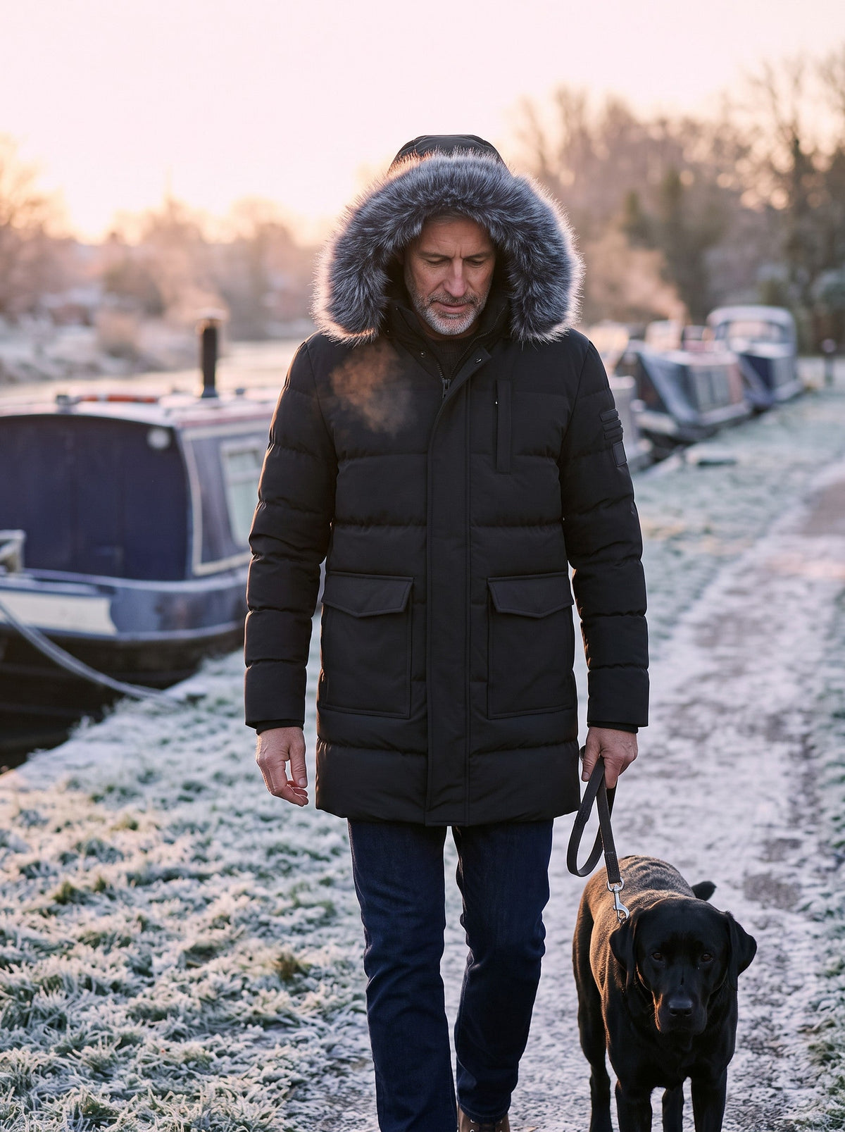 Men's Winter Parka with Adjustable Hood – Black – hood up on a frosty towpath