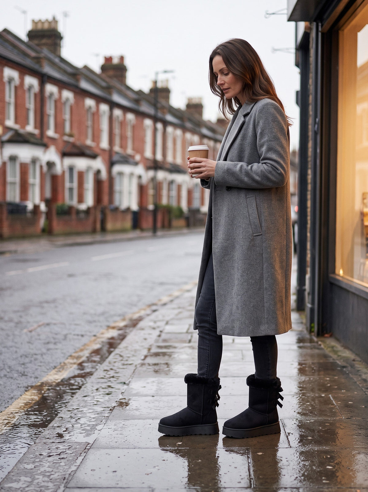 Women's Platform Snow Boots – Black – worn on a wet city street