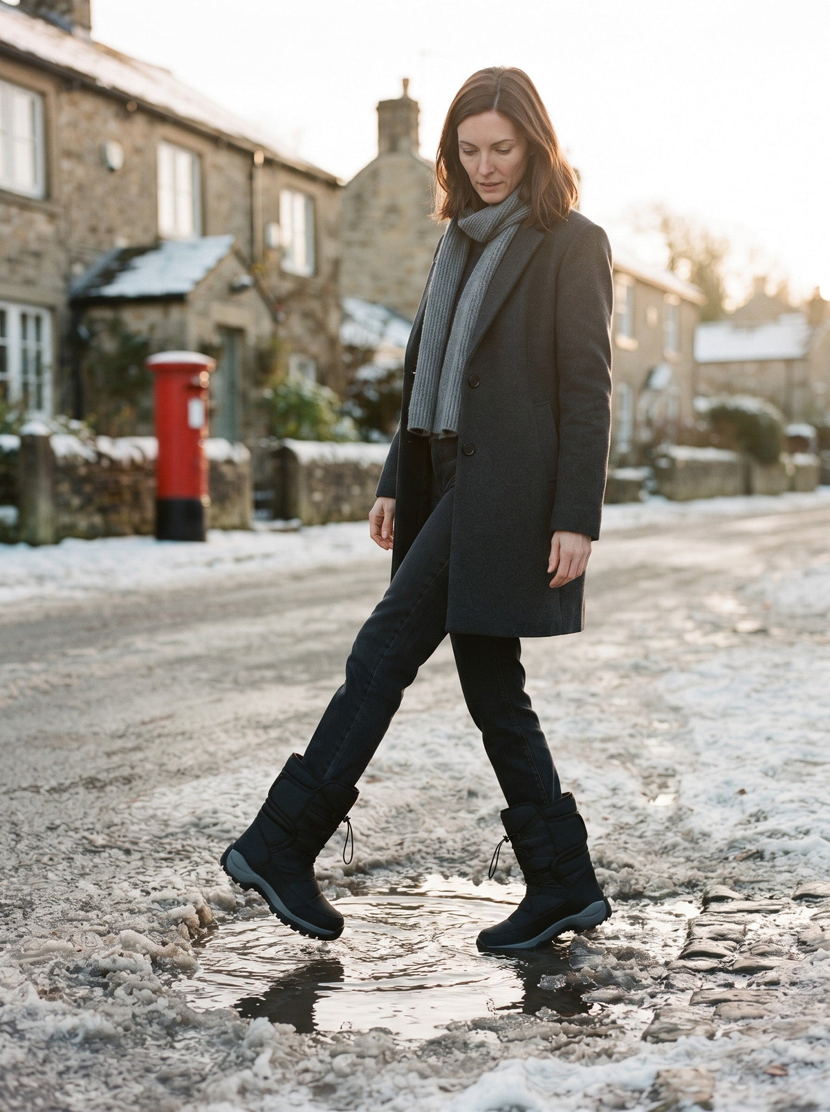 Unisex Plush Lined Winter Boots – Black – worn on a slushy village lane