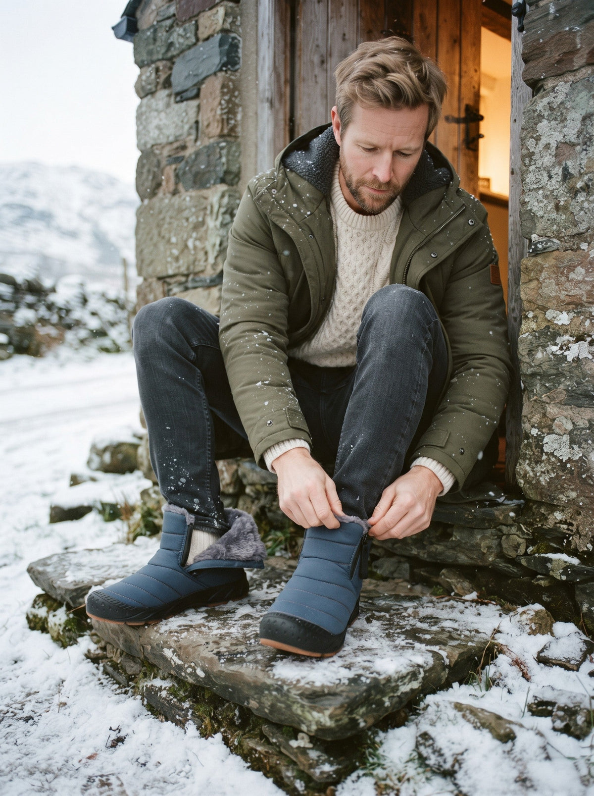 Unisex Fleece Lined Snow Boots – Blue – pulling on at a snowy cottage doorstep