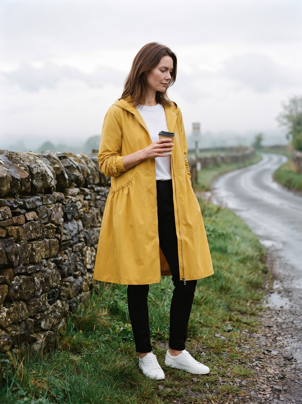 Women's Knee-Length Hooded Raincoat – Yellow – lifestyle