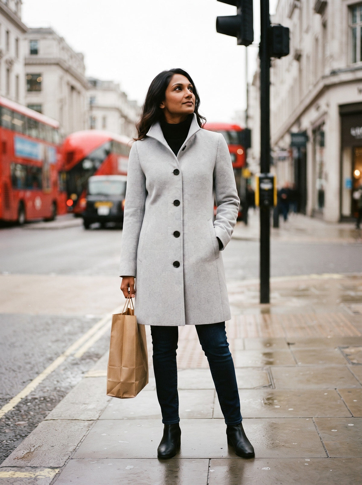 Women's Single-Breasted Winter Coat – Light Grey – lifestyle