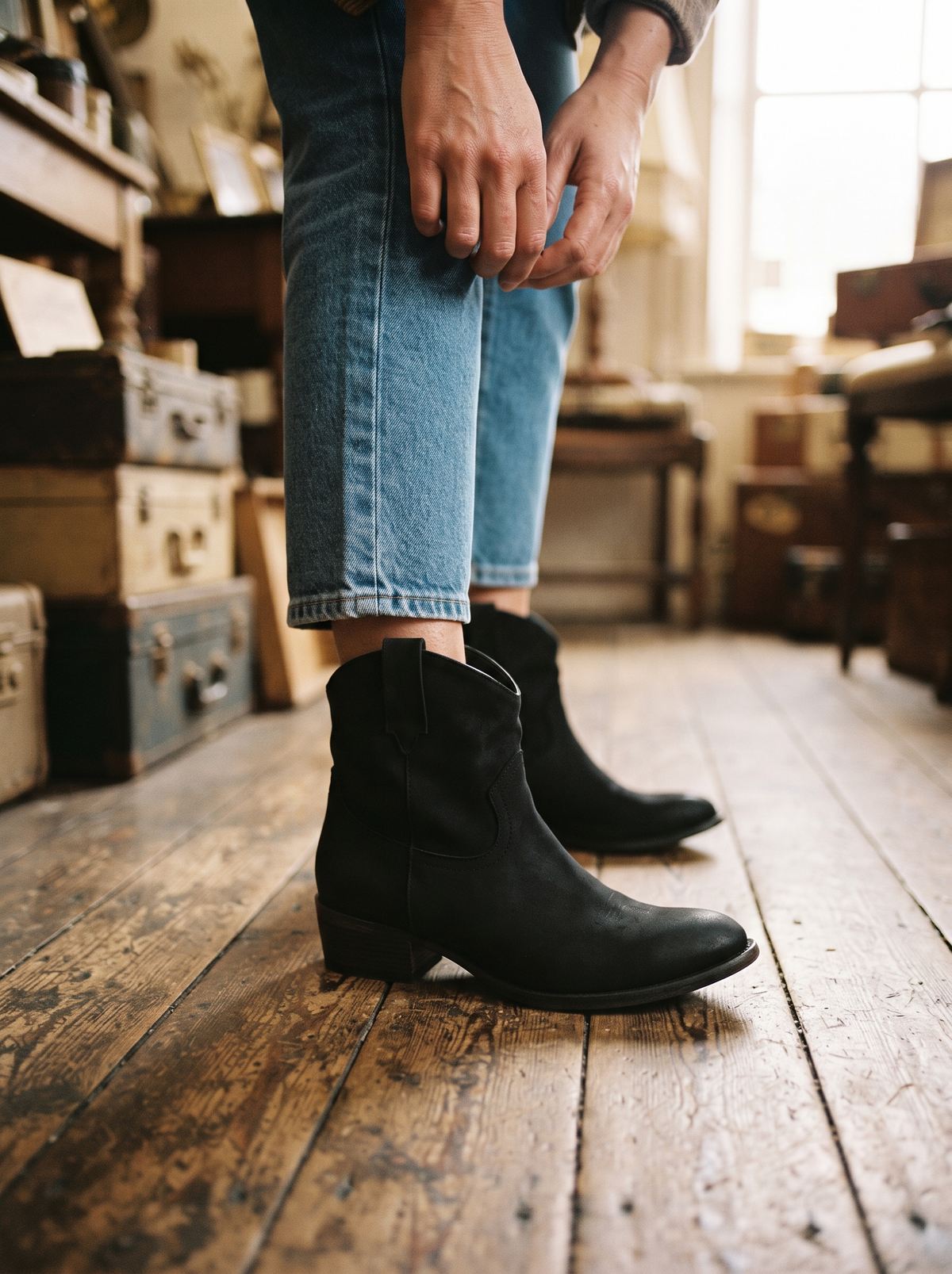Cowboy Ankle Boots – Black – close-up