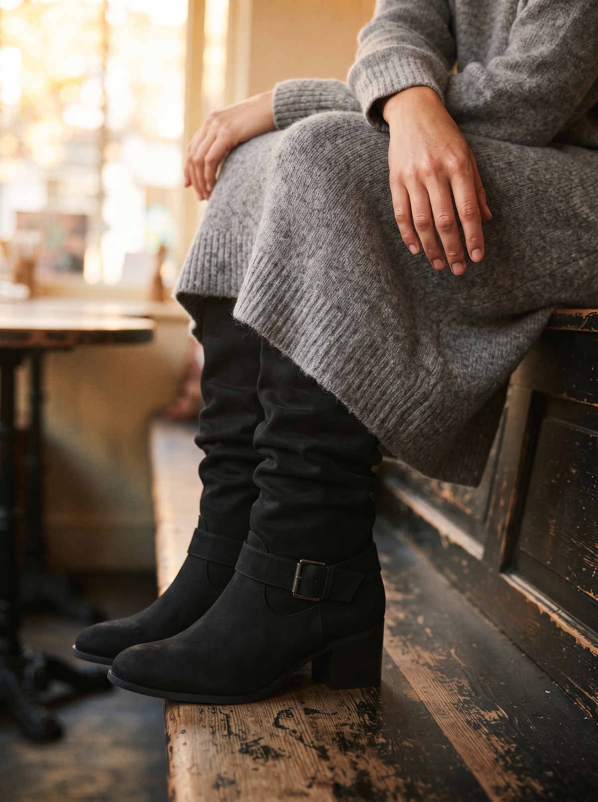 Slouchy Knee-High Boots – Black – on foot