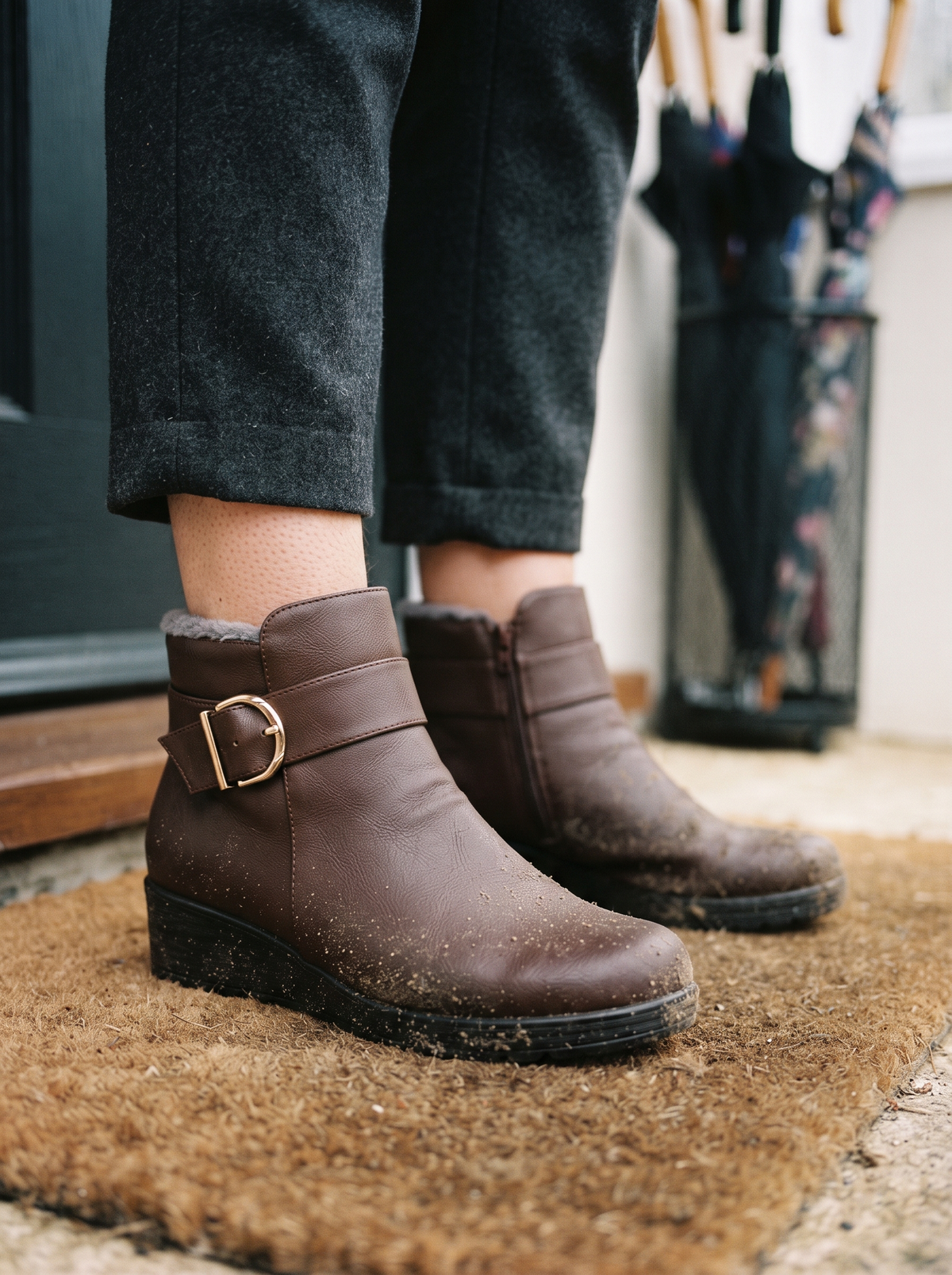 Leather-Look Wedge Ankle Boots – Brown – on foot