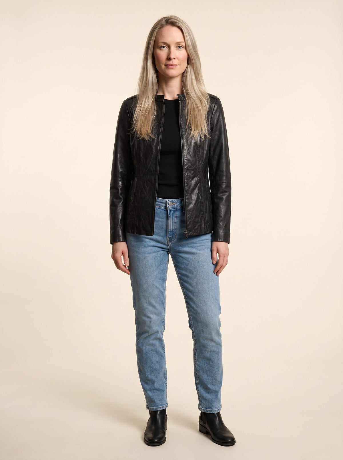 Women's Fitted Leather-Look Jacket – Black – on model