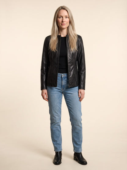 Women's Fitted Leather-Look Jacket – Black – on model
