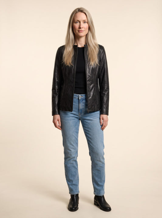 Women's Fitted Leather-Look Jacket – Black – on model