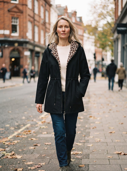 Women's Hooded Jacket with Leopard Print Lining – Black – lifestyle