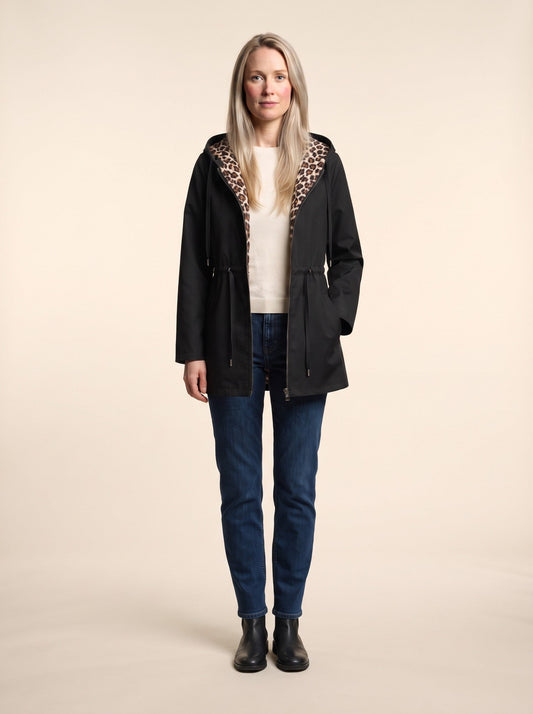 Women's Hooded Jacket with Leopard Print Lining – Black – on model