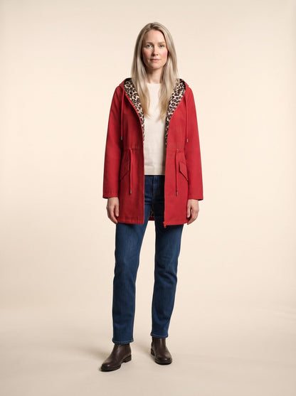 Women's Hooded Jacket with Leopard Print Lining – Red – on model