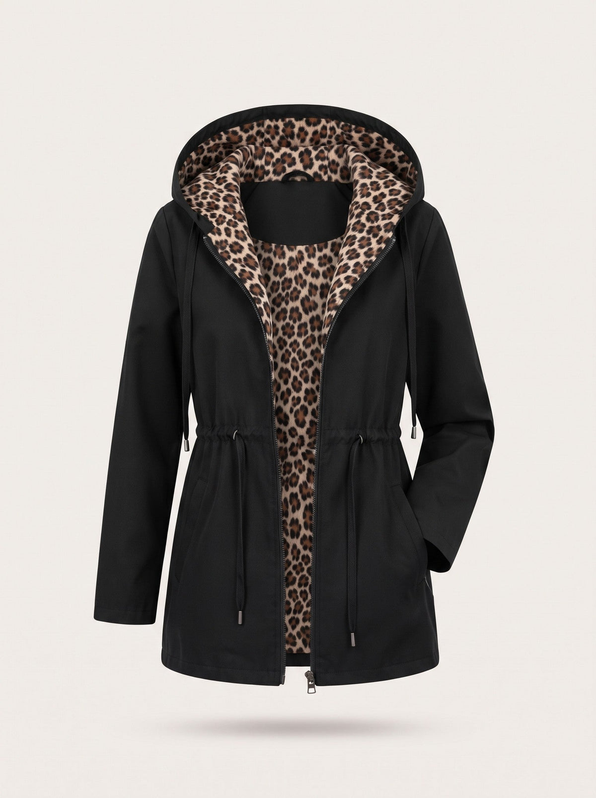 Women's Hooded Jacket with Leopard Print Lining – Black – packshot