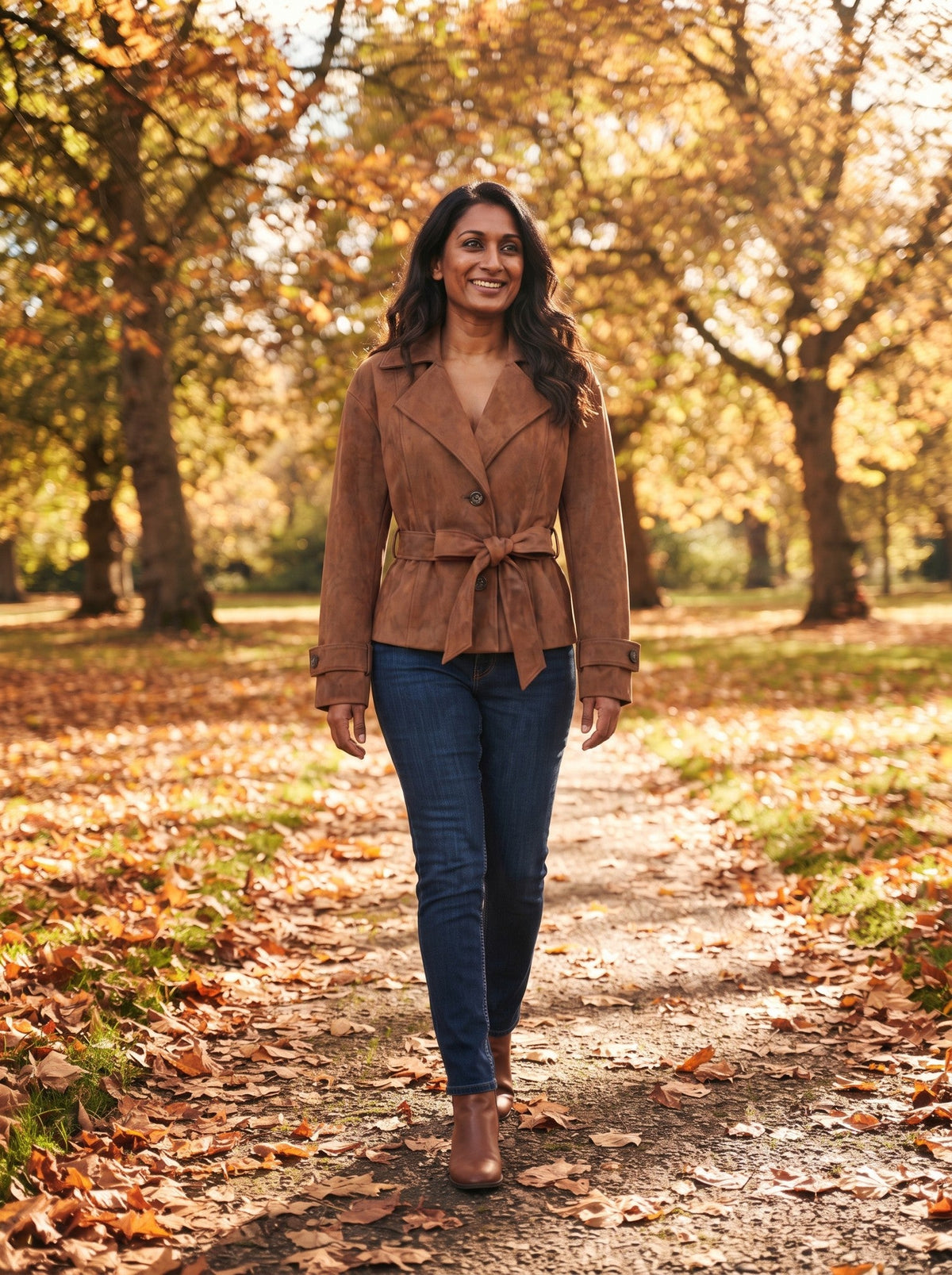 Women's Suede-Effect Belted Jacket – Brown – lifestyle