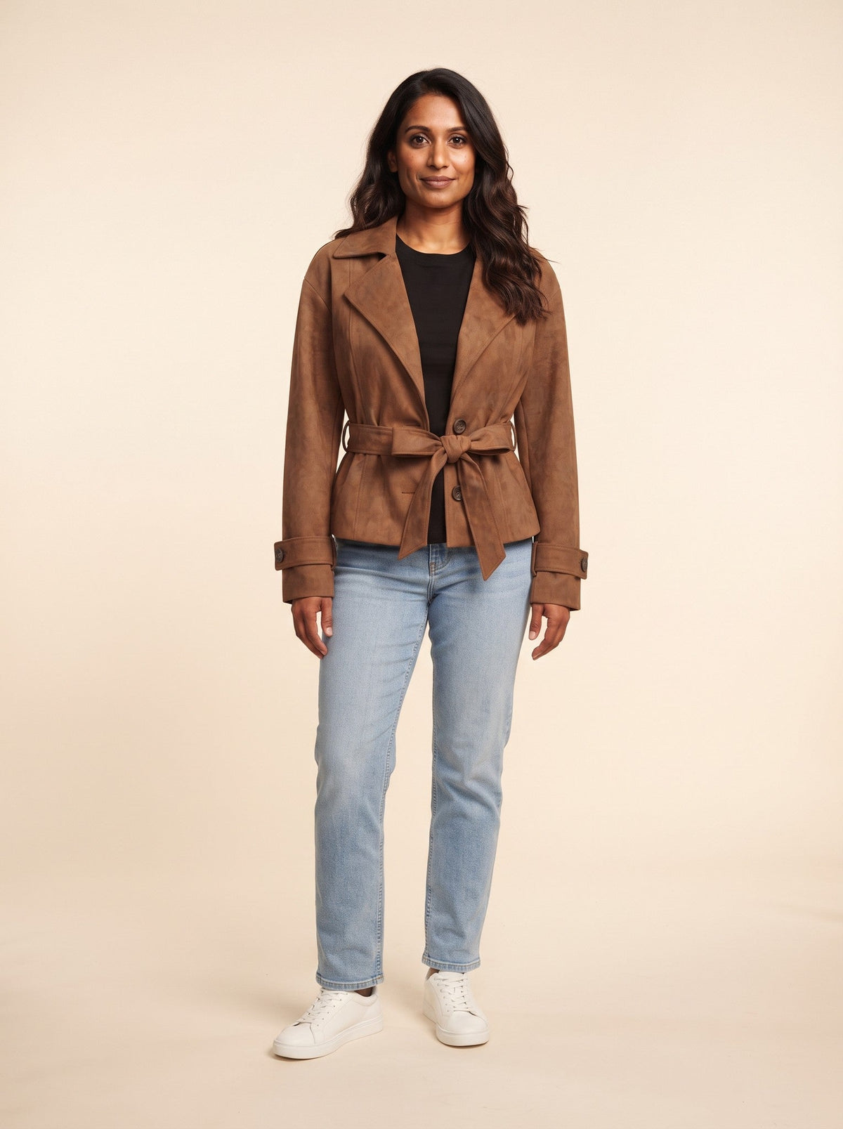 Women's Suede-Effect Belted Jacket – Brown – on model