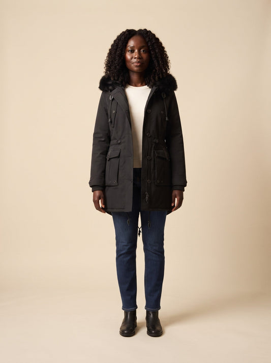 Women's Hooded Winter Parka – Black – on model