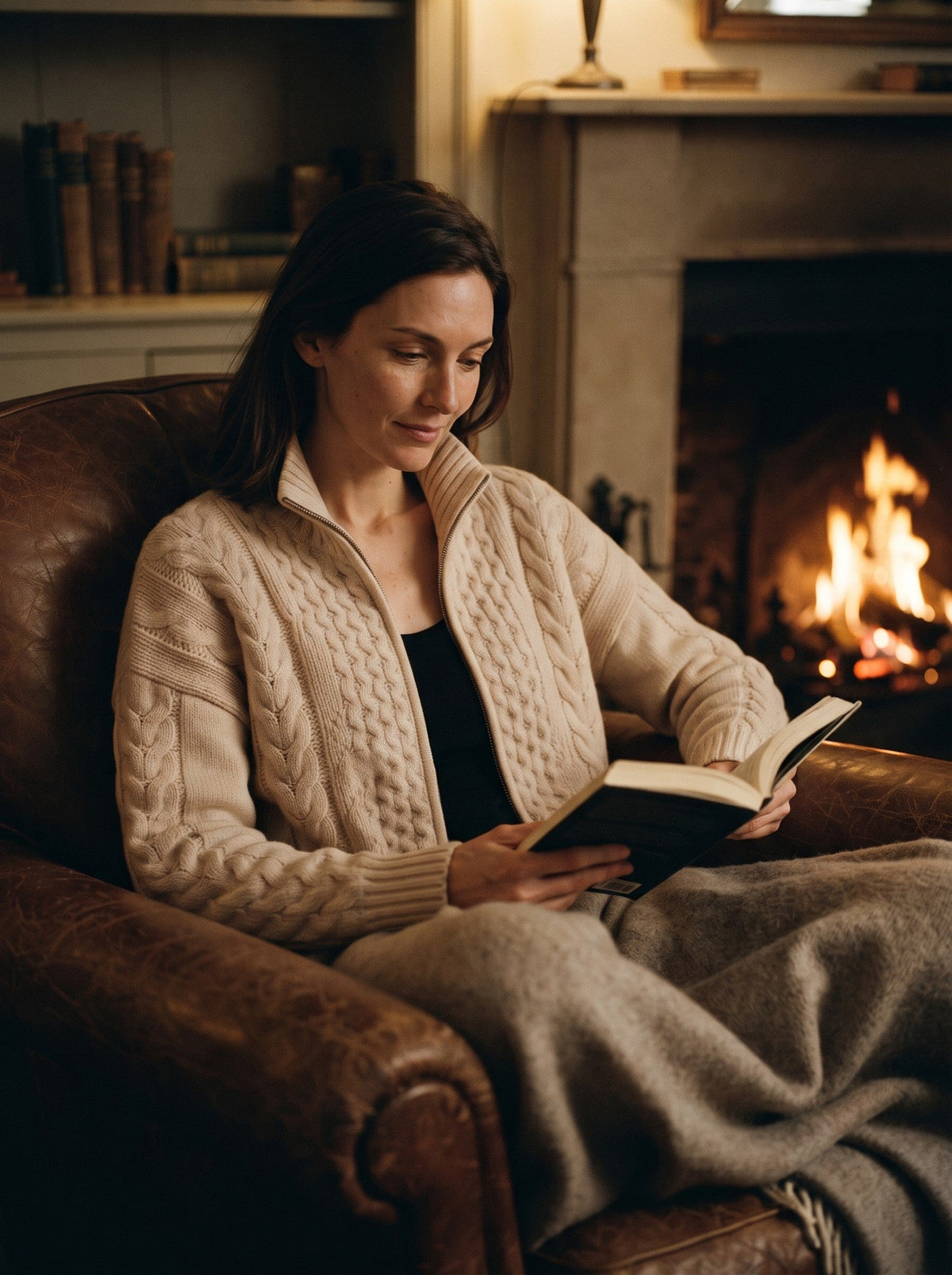 Women's Cable Knit Zip-Up Cardigan – Beige – lifestyle