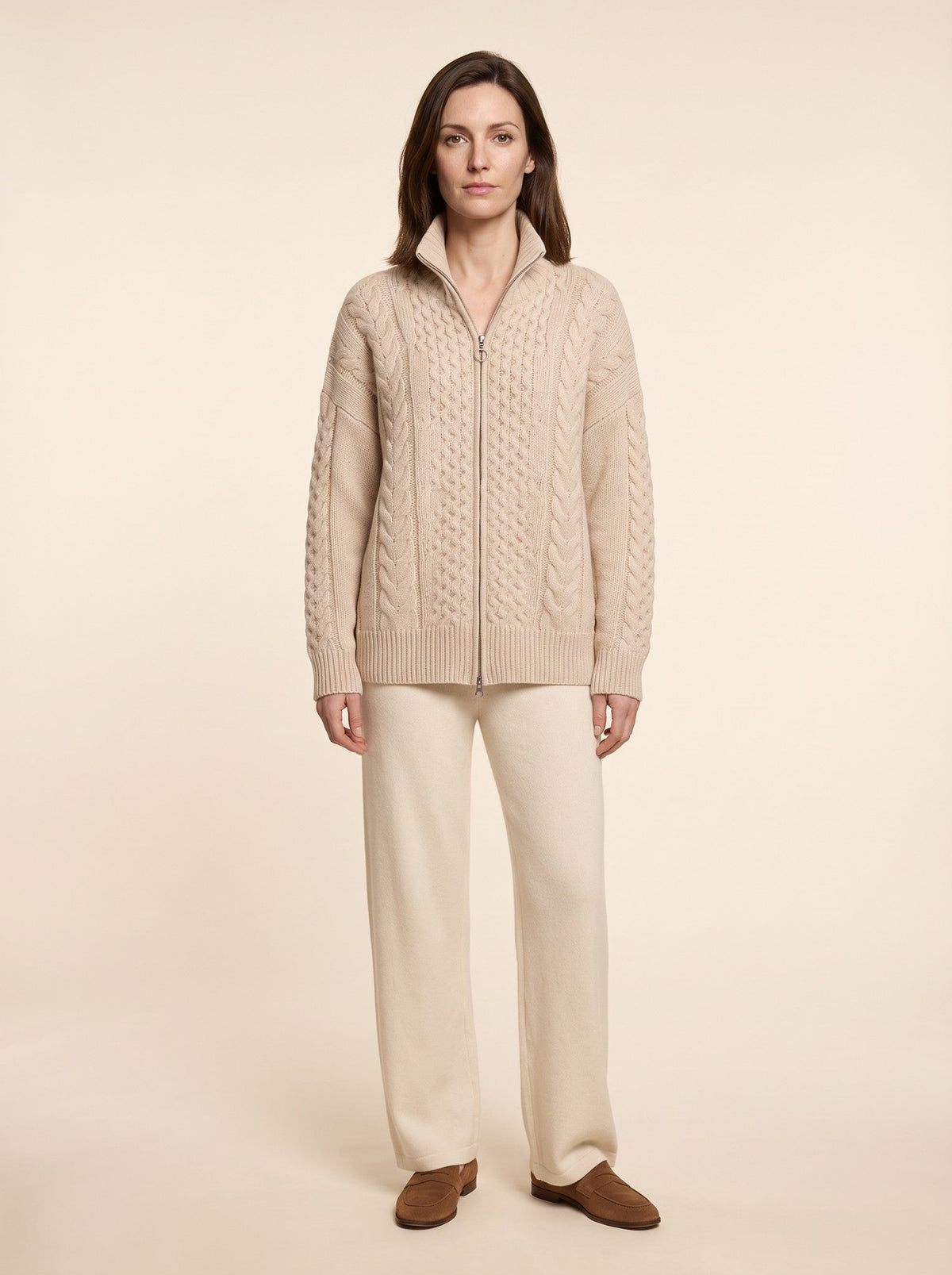 Women's Cable Knit Zip-Up Cardigan – Beige – on model