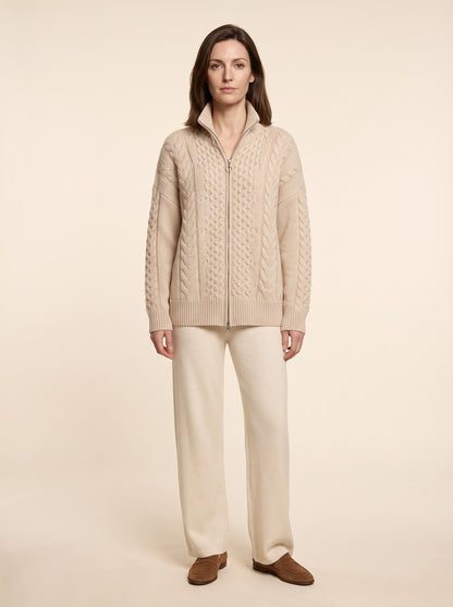 Women's Cable Knit Zip-Up Cardigan – Beige – on model