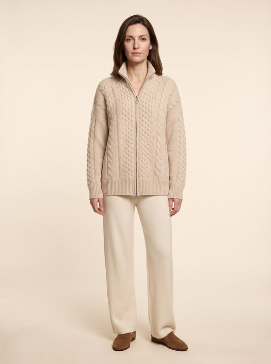 Women's Cable Knit Zip-Up Cardigan – Beige – on model