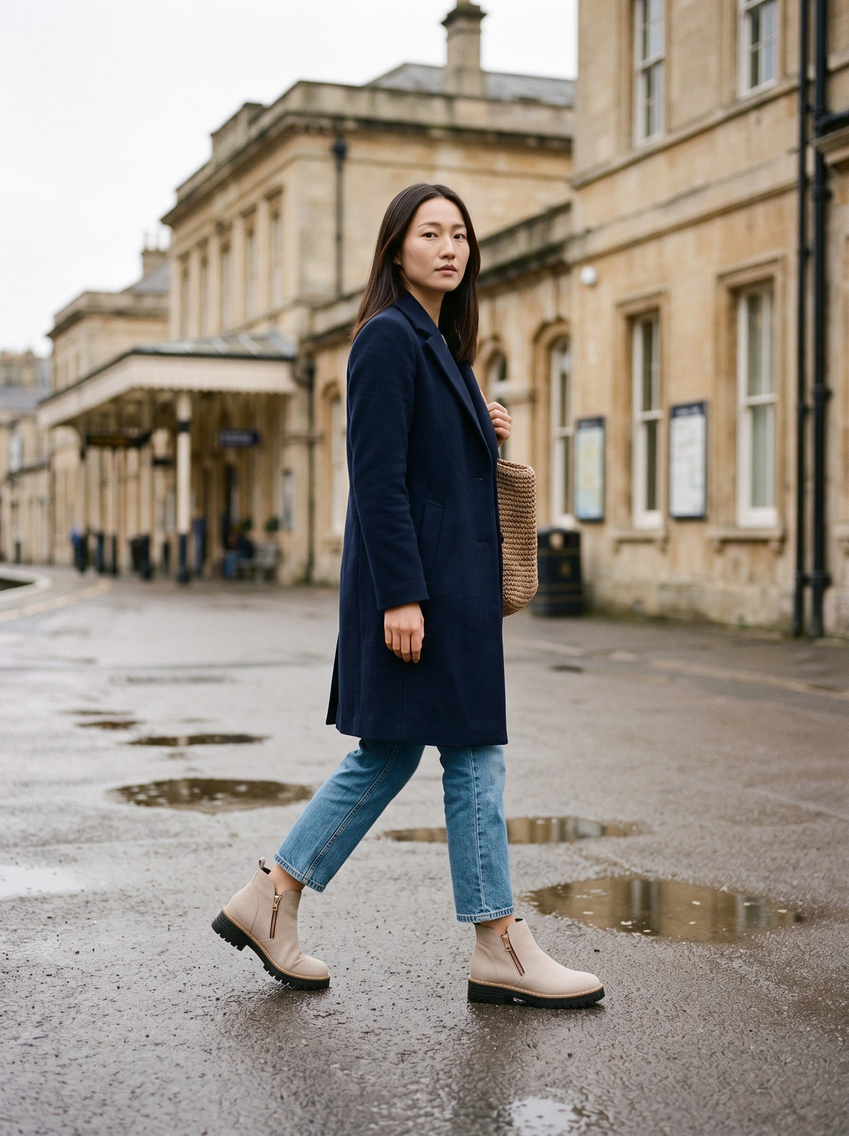 Women's Ankle Boots – Beige – worn on a rainy station forecourt