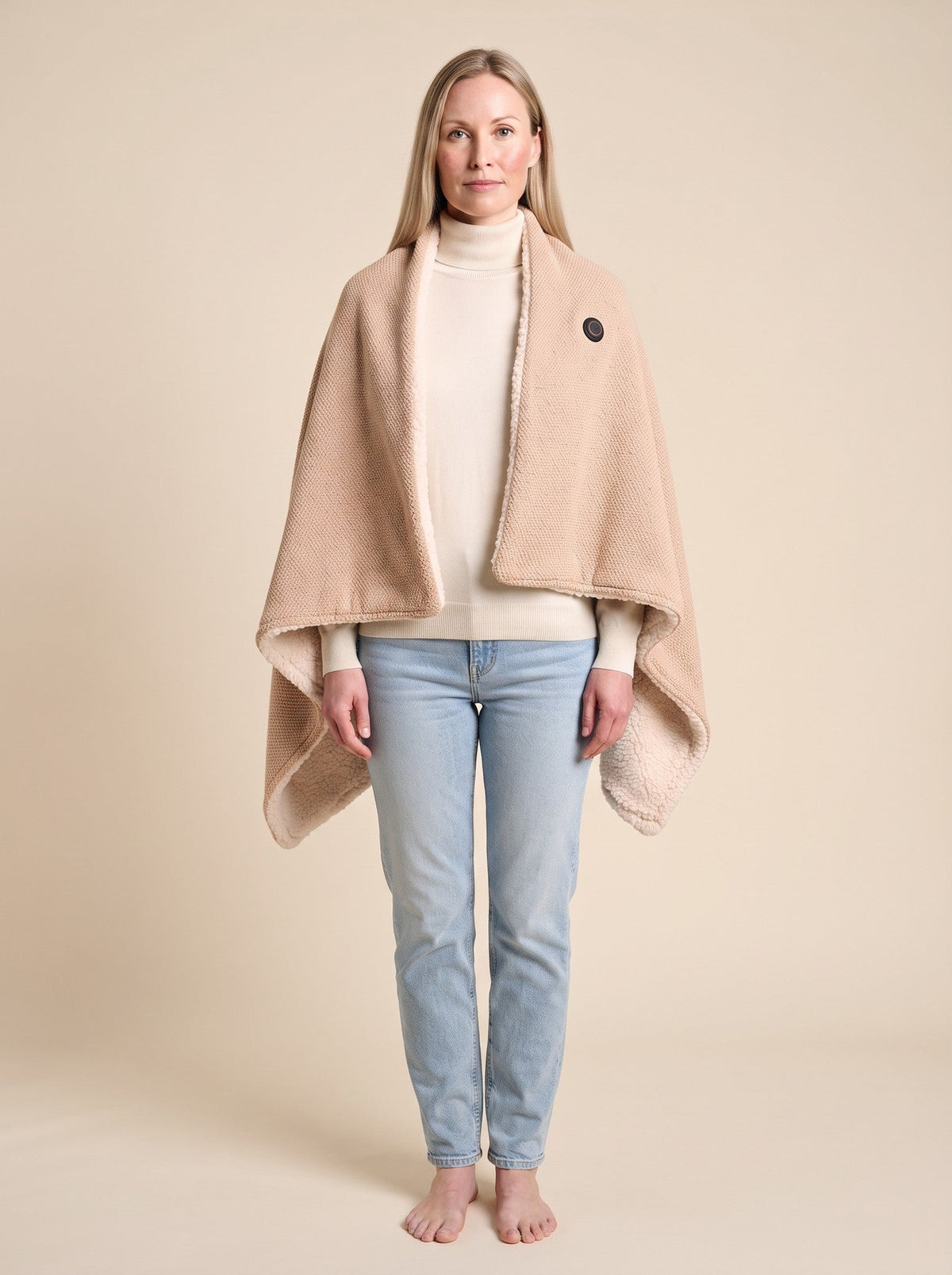 USB Heated Wearable Blanket – Apricot – on model