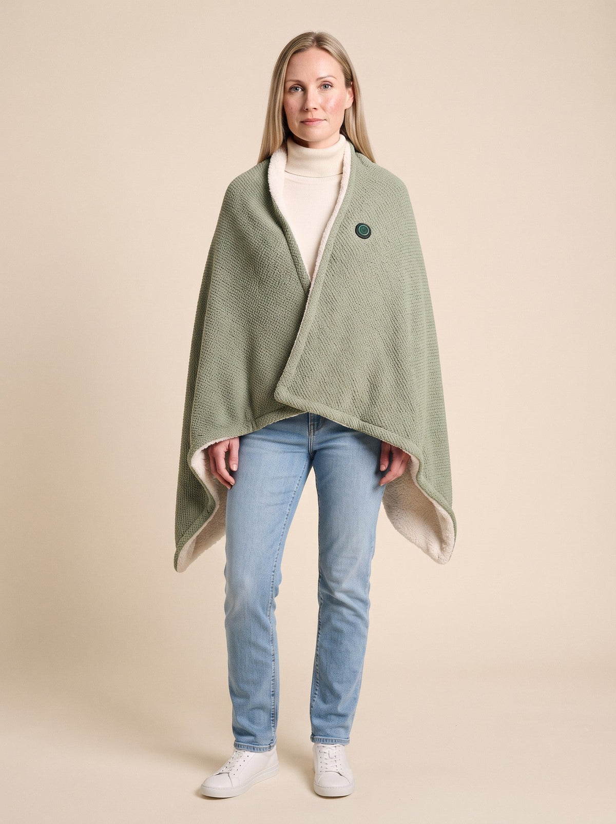 USB Heated Wearable Blanket – Sage Green – on model