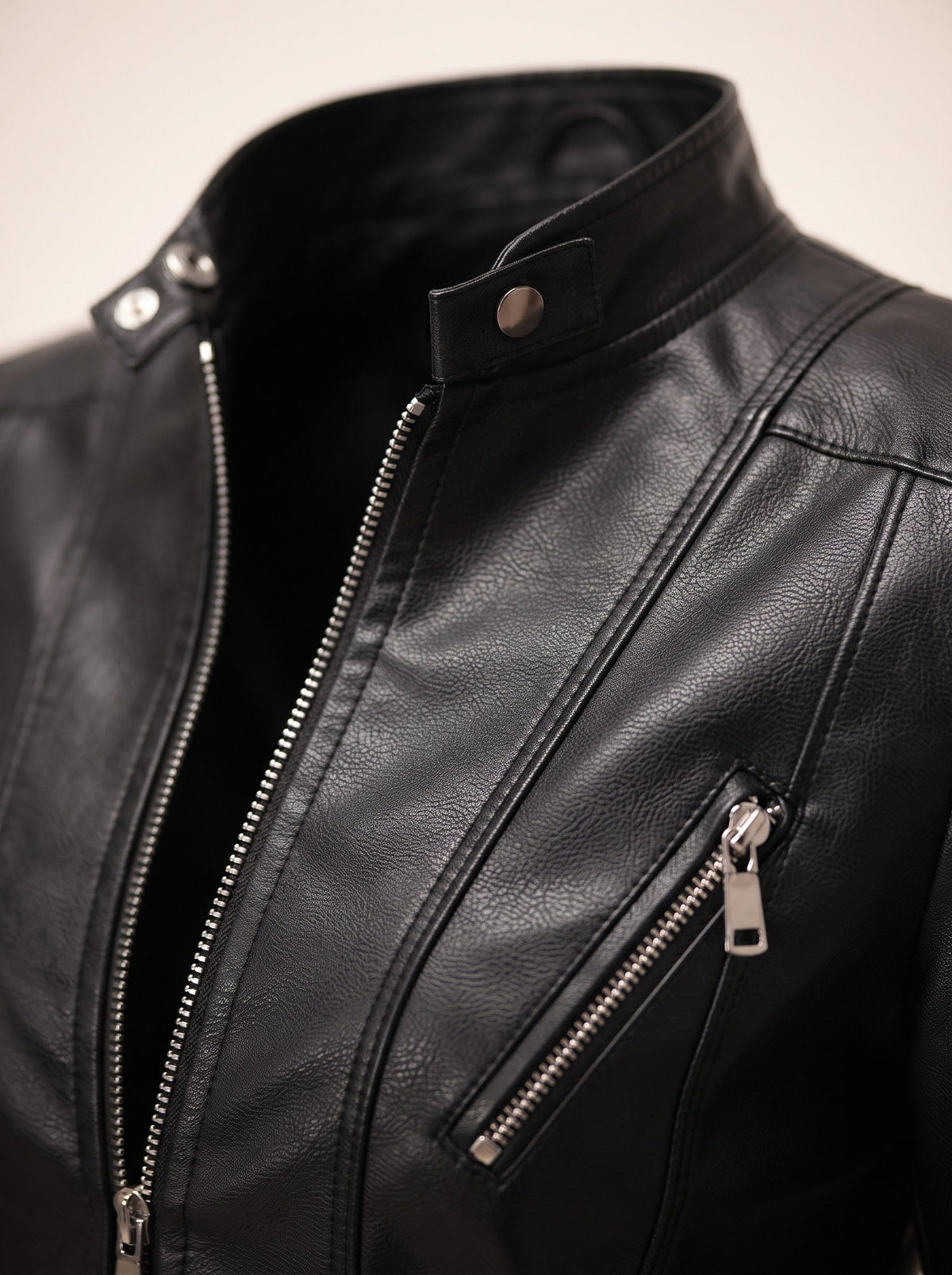 Women's Cropped Leather-Look Biker Jacket – Black – stand collar and zip pocket detail