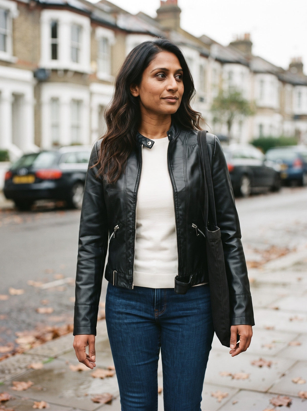 Women's Cropped Leather-Look Biker Jacket – Black – lifestyle street