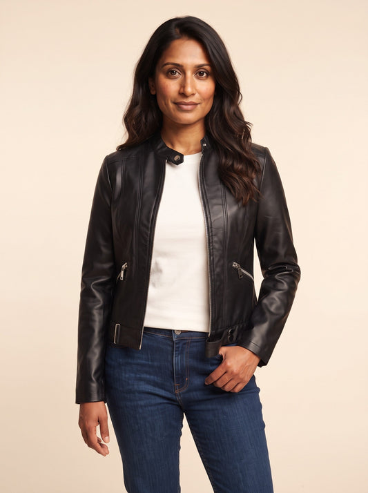 Women's Cropped Leather-Look Biker Jacket – Black – on model