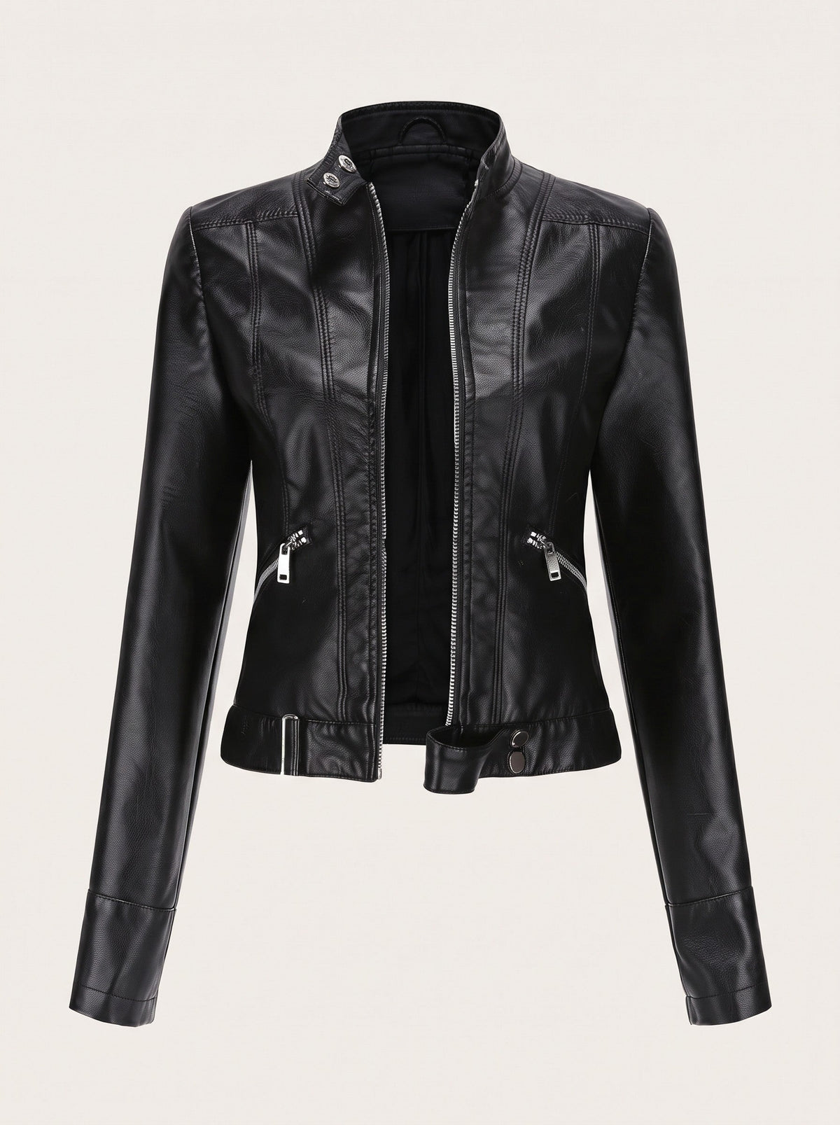 Women's Cropped Leather-Look Biker Jacket – Black – packshot