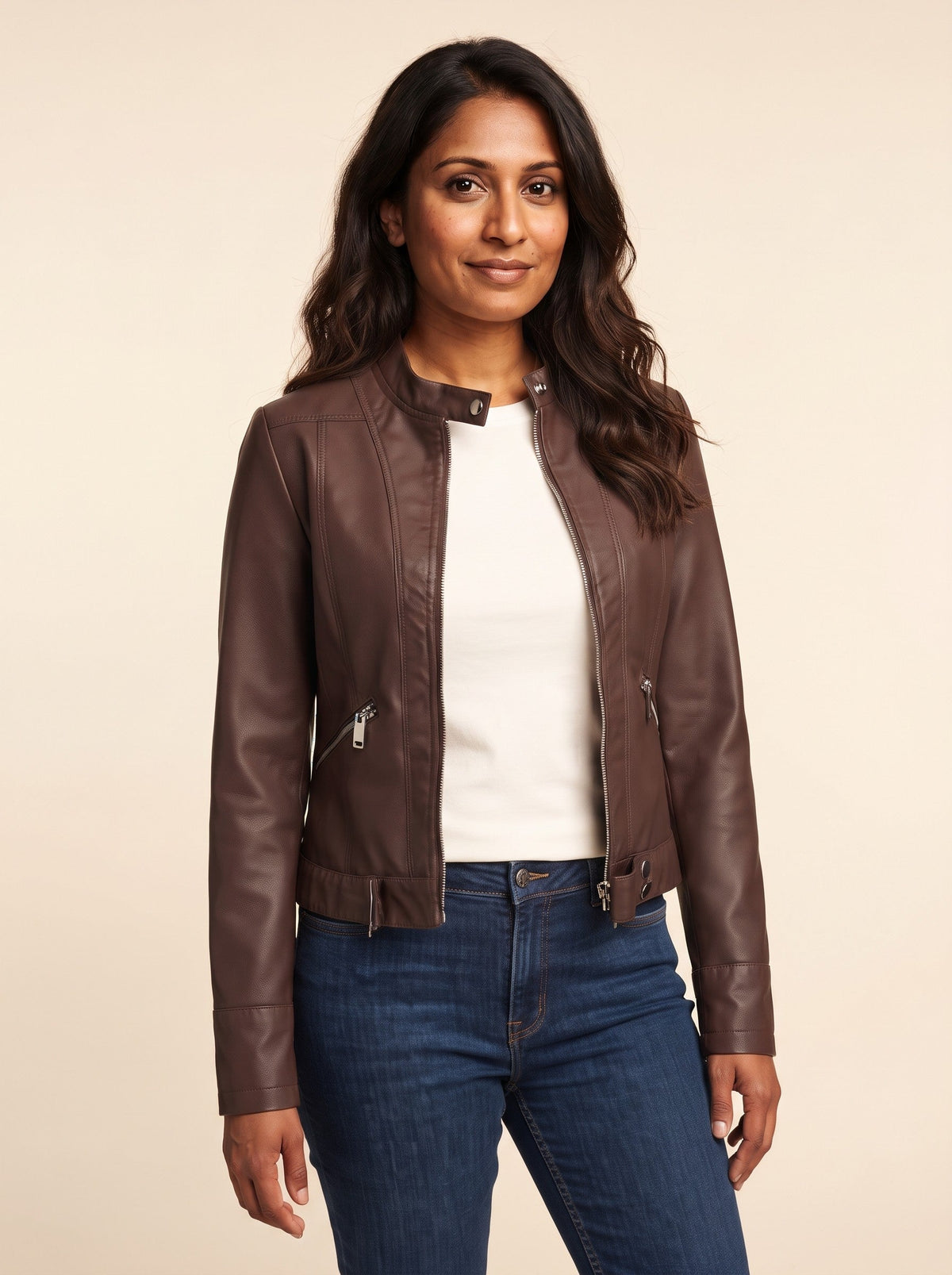 Women's Cropped Leather-Look Biker Jacket – Brown – on model