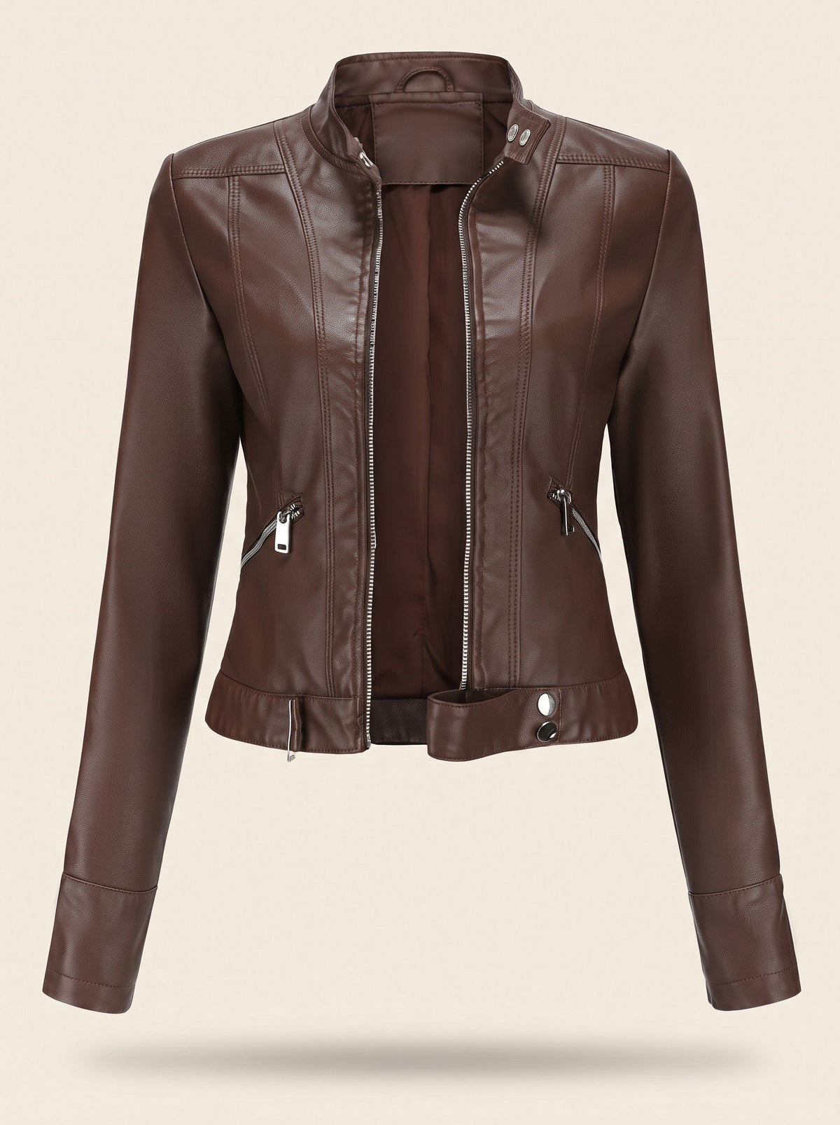 Women's Cropped Leather-Look Biker Jacket – Brown – packshot