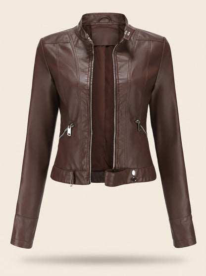 Women's Cropped Leather-Look Biker Jacket – Brown – packshot