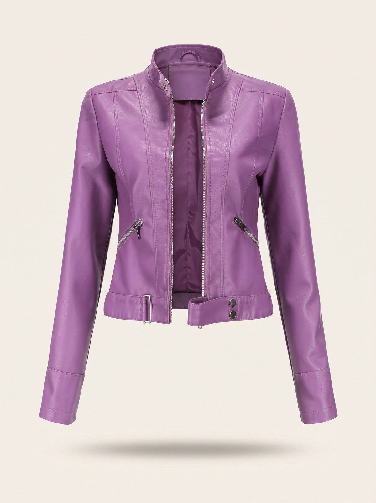 Women's Cropped Leather-Look Biker Jacket – Dark Purple – packshot